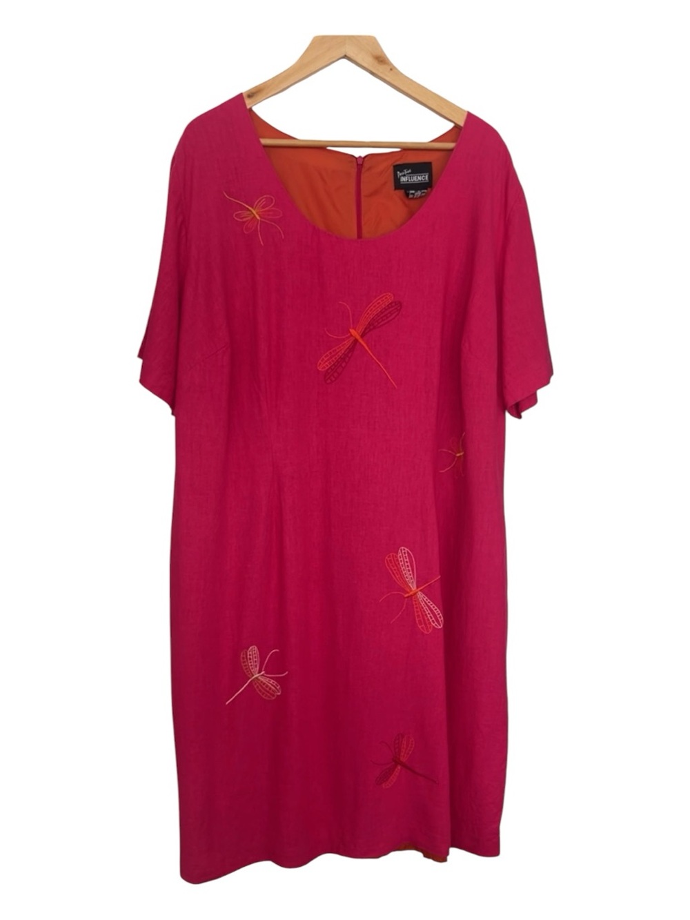 Vintage 1990s Linen Blend Embroidered Dragonfly Dress Hot Pink Orange Sz 24